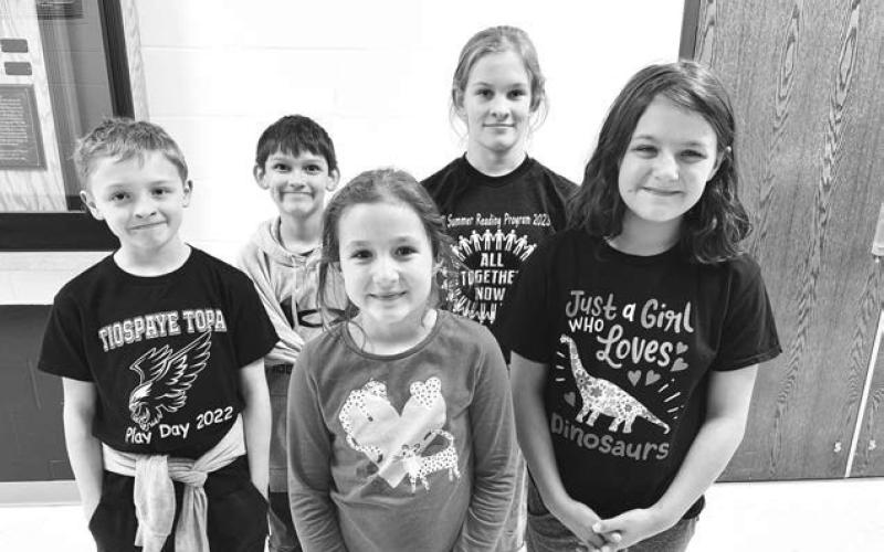 Timber Lake Elementary School students who won awards at the annual Northwest Area Schools Spelling Contest on March 19 were (l-r) fourth graders Ben Mareska and Colton Ridl, first grader Nienke Fourie, fifth grader Brynn Lemburg and second grader Willow Westover.