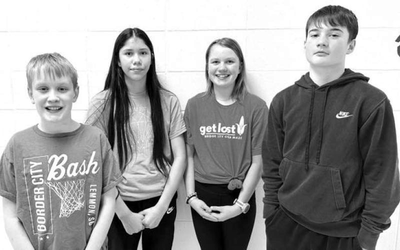 Timber Lake Middle School students who won awards at the annual Northwest Area Schools Spelling Contest on March 19 were (l-r) Mason Hollenbeck (sixth grade) Autym Red Bear and Maya Biegler (seventh grade) and Blake Lei (eighth grade).