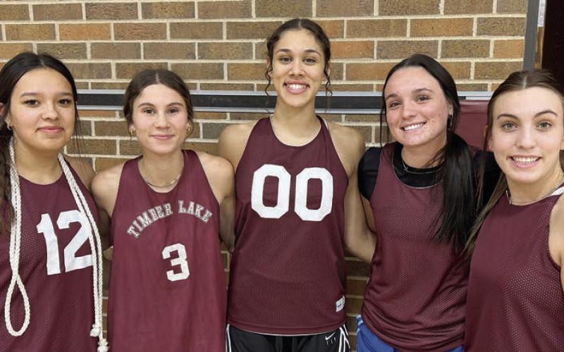 Seniors and returning letterwinners for the Timber Lake Lady Panthers include, l-r, Kessa Bigger, Natalie Lawrence, Jasmine Nash, Kiya Mowrer and McKenzi Vomacka. Photo by Jon Flatland