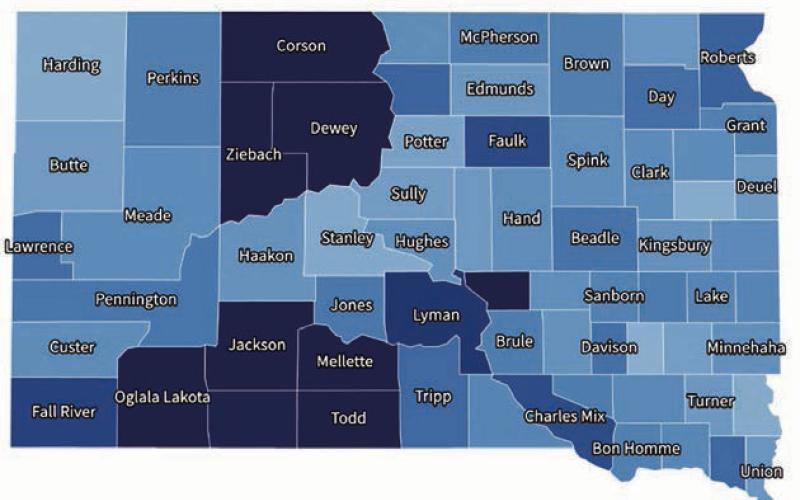 Dark blue reflects the percentage of food insecure people in a county, About 20 percent of residents are food insecure across the tri-county area. Graphic by Molly Wetsch / SD News Watch