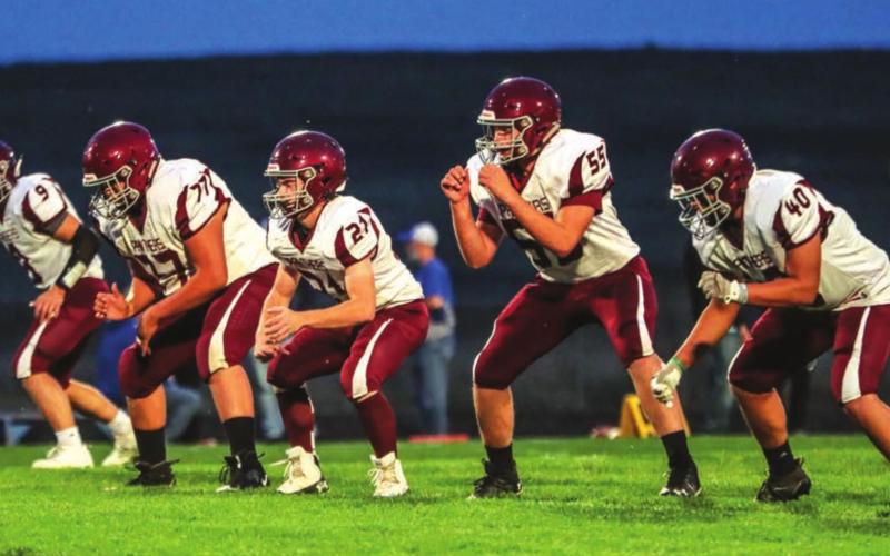 Photo by Robert Slocum Timber Lake players (L-R) Hank Kraft, Pat Marshall, Caleb Quinn, AJ Lindskov and Jaiden Ducheneaux work on offensive plays before a game earlier this season.
