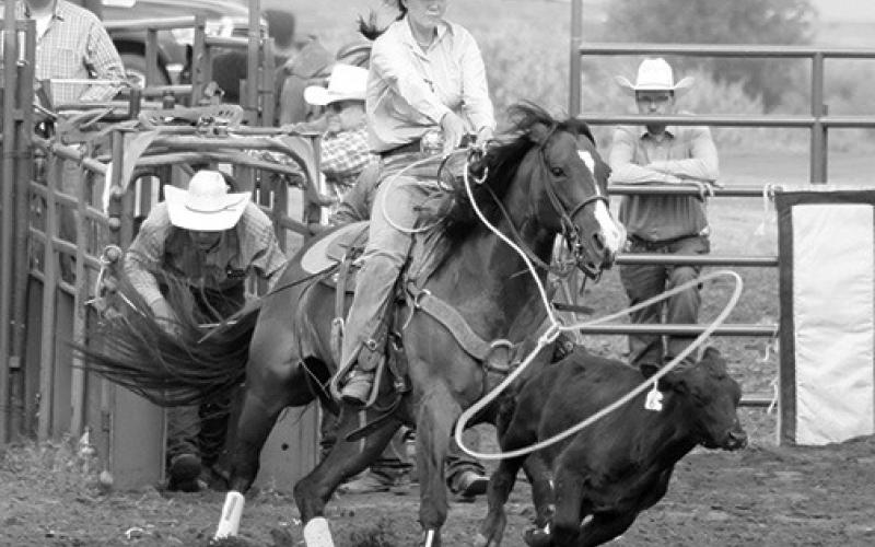 Sloan Anderson of White Horse came out of the gate firing during the ladies breakaway competition at the Days of 1910 Rodeo. Unfortunately for Anderson, her rope missed its mark and she took a no-time to end her day. Photo by Jon Flatland