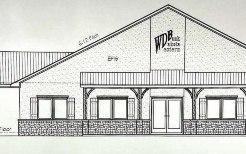 The new home of Western Dakota Bank will be located in the 800 block of Timber Lake’s Main Street, facing east. It will be built north of the existing building (SHOWN BELOW), which will be demolished to make room for the drive-up window on the south (AT LEFT IN THE ABOVE DRAWING).