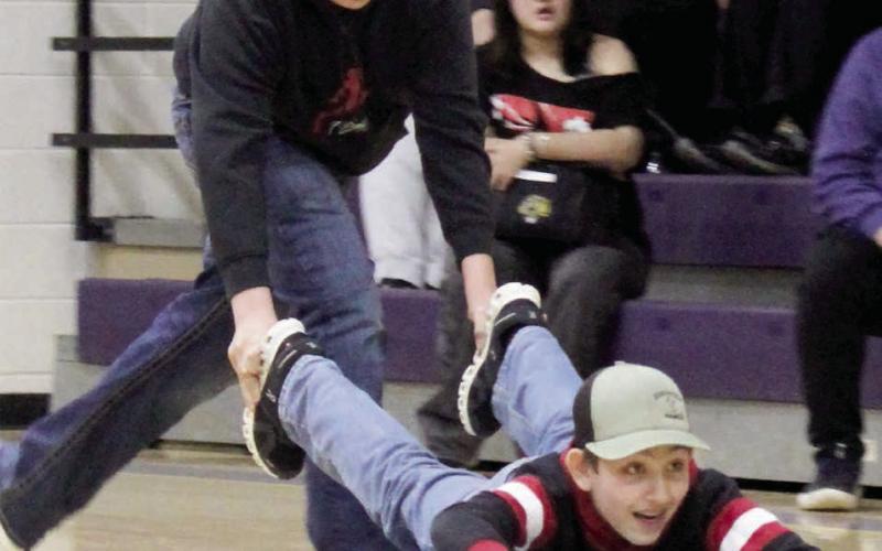 To get into the spirit of the 2026 Winter Olympics in Milan, the Dupree School held its own Olympics games last week. Representing the seventh grade in the Bobsled Race were Teo White Wolf Traversie and Kolter Ferguson. Topic Photo/Patty Peacock
