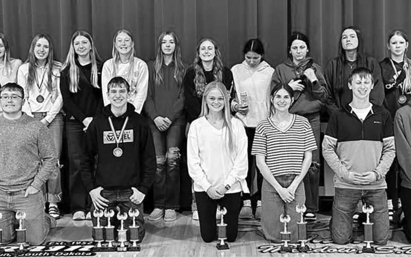 These Timber Lake High School students competed in the annual NWAS Academic Olympics on April 9. In front are the six who won trophies (l-r): Gabe Keller, Preston Maciejewski, Hailey Roggow, Meredith Maciejewski, Holden Gill, Jackson Bigger. In back are other TLHS contestants (l-r): Treyton DuPreez, Jordan Jones, Paislee Keller, Kamee Mareska, Addison Lindskov, Talley Locken, Gailup Bollinger, Emma Johnston, Amanda Red Bear, Ruby Maher, Jaylee Schoelerman, Kaydence Ouzts, Hudson Gill, Blaise Lei.