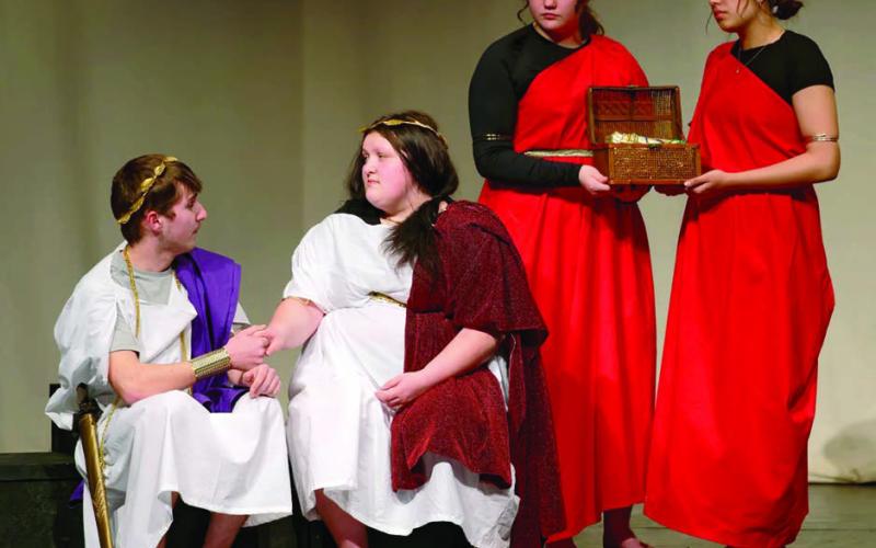 The Timber Lake High School Theatre Dept. presented the one-act play, Madea, for the public last Friday, Jan. 31. Pictured from a scene in the play are (l-r) Jack Hornick, Anna Kraft, August Laurenz-Anderson and Kessa Bigger. The play is entered in state competition in Brookings this weekend.
