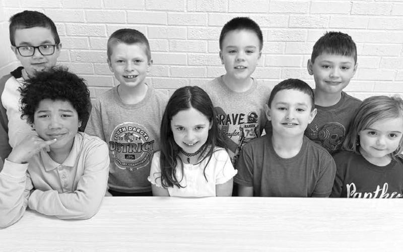 Grades 1 and 2 FRONT (l-r): Eleazar Reichert, and Kinzlee Martin (second grade top spellers) and Korbin Vogel and Lydia O’Bryan (second grade alternates); BACK (l-r): Ryker Bridges and Trevor Aberle (first grade top spellers) and Dylan DuPreez and Zeke Vogel (first grade alternates).