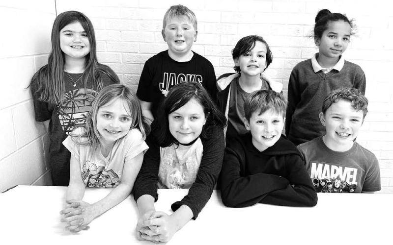Grades 3–4 FRONT (l-r): Harper Biegler and Willow Westover (third grade top spellers) and Jackson Quaschnick and Brace Beer (third grade alternates); BACK (l-r): Tabitha O’Bryan and Isaac Schweitzer (fourth grade top spellers) and Jayden Traversie and Evangelina Reichert (fourth grade alternates).