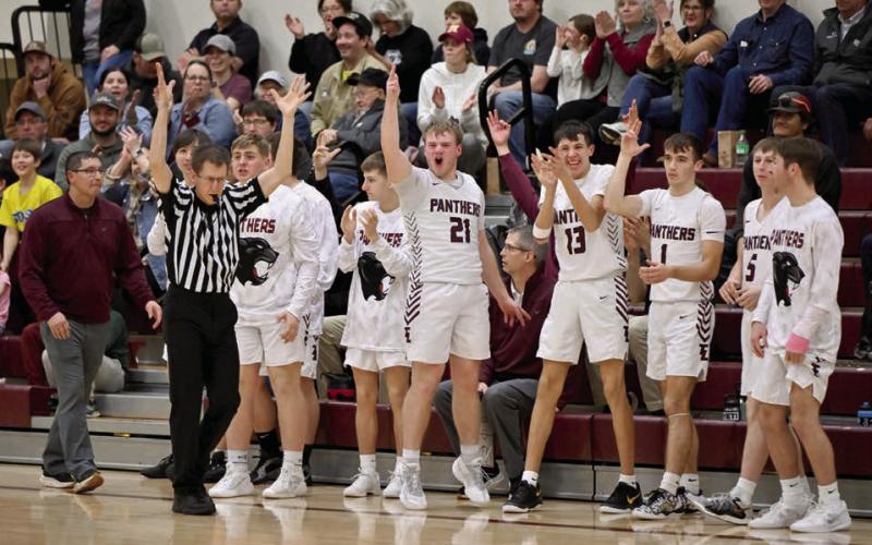The Timber Lake Panther bench and fans celebrate a long 3-pointer by Treydon Beer late in Timber Lake’s matchup with Kadoka Area last Tuesday, Jan. 28. Every basket counted as the Panthers battled the Kougars into overtime before pulling out a 61-60 victory for their 10th win of the season. Timber Lake hosted Dupree on Tuesday, Feb. 4, and will welcome Harding County on Thursday, Feb. 6. Photo by Marie DuPreez