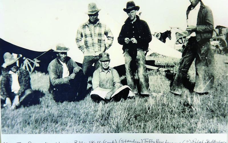 LEFT: Diamond A cowboys in 1925 are identified as (l-r) John Padilla, Albert Lopez, Billy Skully (cook), (standing) Tuffy Ducheneaux, (?) and Ralph Staltenberg. The photo, from the collection donated to the Timber Lake Museum by the late Effie Lopez Hunt, is one of many that will be on display.