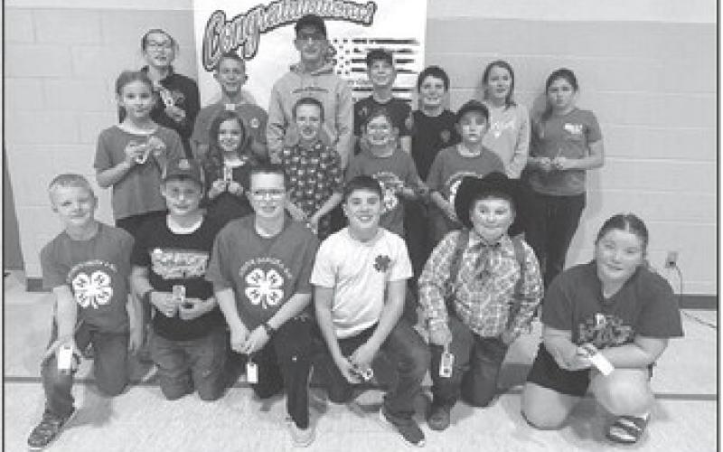 Community Service Awards. Front, l-r: Eli Zeug, Max Biegler, Garrett Nilson, Glen Mowrer, Caleb Simon, Ronnilyn Long; middle: Sophia Gross, Zoey Spiel, Greyson Goldade, Stella Nilson, Camden Goldade; back: Bricelyn Pederson, Isaac Zeug, Levi Berndt, Gracen Gill, Luke Biegler, Maya Biegler, Finley Boldt.