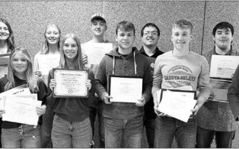 These 11 TLHS seniors received scholarships for higher education, announced at Awards Day on May 8. FRONT (l-r) Shawn Quinn, Kenlea Heck, Averie Marshall, Carter Keller, Gracen Hansen, Tristan Dupris; BACK: Sara Holzer, Kendyl Locken, Kyler Bollinger, Dan Peterson, and Mason Arpan.
