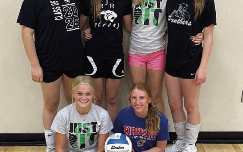 Seniors on the Timber Lake Panther volleyball squad this season include (back, l-r) Ikeeah Buckley, Geana Bollinger, Miley Murray, and Gailup Bollinger; (front, l-r) Hailey Roggow and Sara Keller. Not pictured is Emma Johnston. Photo by Jon Flatland