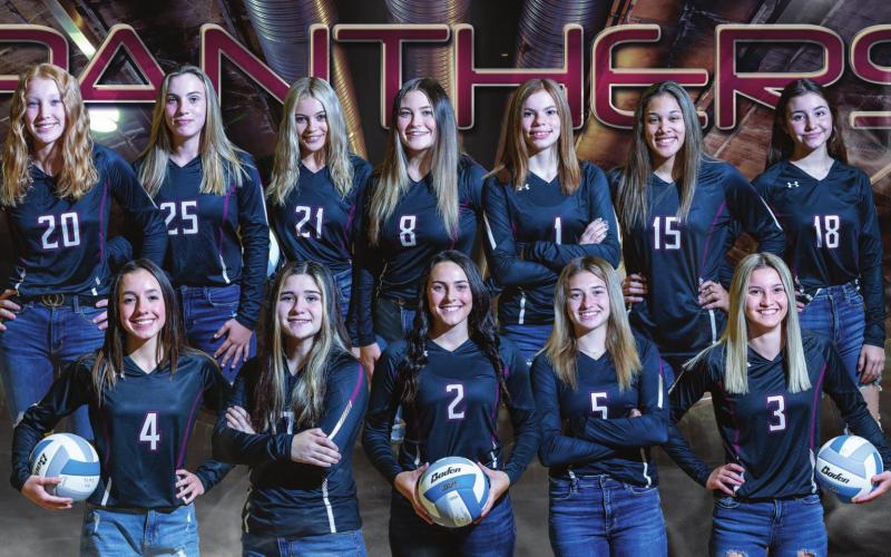 Panther Varsity Volleyball FRONT (L-R): Rachel Toviah, Abby Linderman, Maci Maher, Shay Kraft, Carlie Lawrence; BACK: Kendyl Locken, McKenzi Vomacka, Harlee Hulm, Kenna Webb, Cindy Hoyt, Jasmine Nash, Natalie Gross. Photo illustration by Robert Slocum