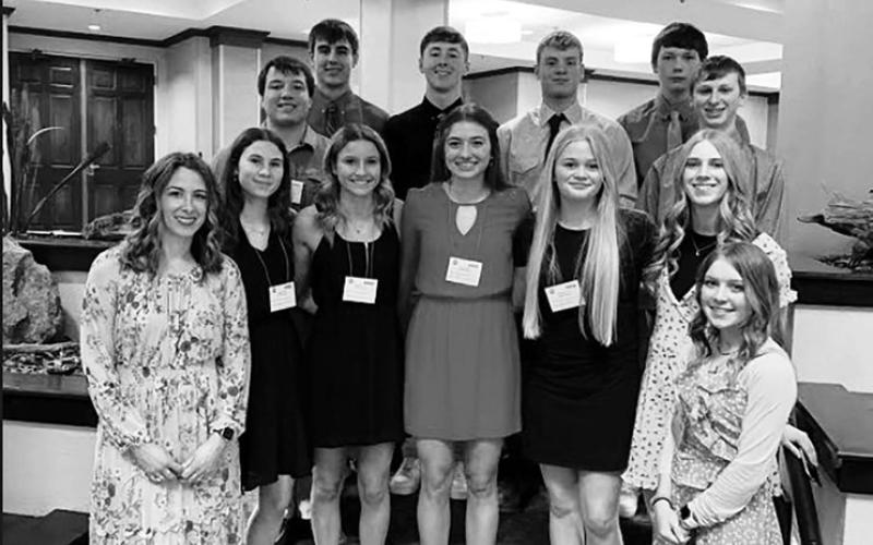 The TLHS Student Council at the state convention. FRONT (L-R) Colette Schaffer (advisor), Natalie Lawrence, Carlie Lawrence, Shay Kraft, Hailey Roggow, Averie Marshall, Kenlea Heck; BACK: Dan Peterson, Wylee Keller, Cole Ducheneaux, Treyton DuPreez, Rance Martin, Holden Gill.