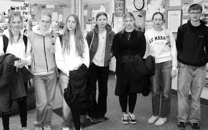 The German students that visited South Dakota and Dupree High School for two weeks. (l-r): Dorothea Baer, Aimee Leupold, Aline Burger, Ava Poehlmann, Gabrielle Weiser, Mia Weber, and Liam Schnappauf. Normally, they attend the Freie Montessori- Gemeinschaftsschule School in Bad Lobenstein, Germany.