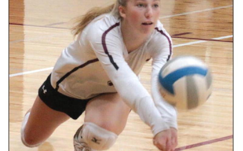 Timber Lake senior libero Averie Marshall digs out a shot during recent Lady Panther volleyball action. Marshall has been putting up big numbers this season, including 57 digs in a loss to Beresford at the Redfield Volleyball Classic last weekend.