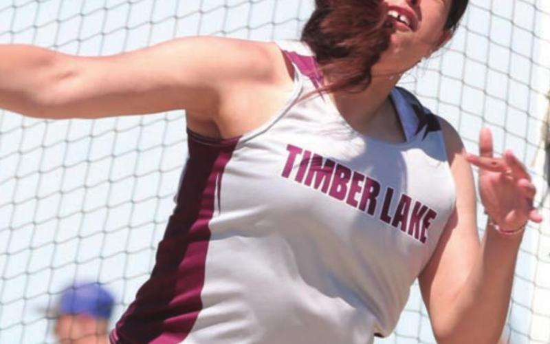 Timber Lake thrower Kessa Bigger lets the discus fly during the “last chance” track meet in Timber Lake May 16.
