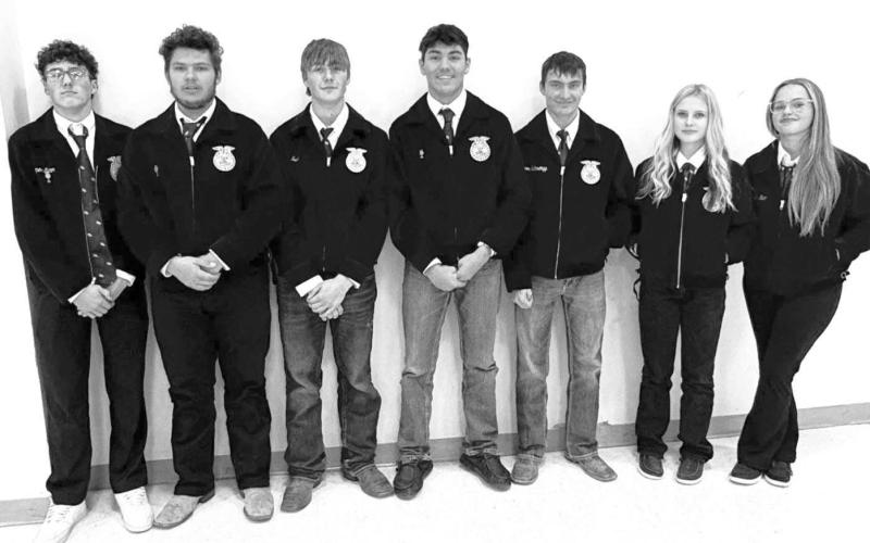 Competing at the District 8 FFA Leadership contest were (L-R): Traden Meeks, Ag Job Placement-Job Interview; Wyatt Lemke, Ag Broadcasting; Ransom Martin, Sales; Braxton Schad, Ag Broadcasting; Kopyn Tibbs, Sales; Penny Coates, Sales; and Jada Brewer, Sales. Photo by Patty Peacock