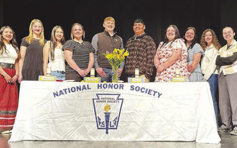 Fifteen students were inducted into the Timber Lake High School chapter of the National Honor Society in a ceremony at the school on Monday, April 7. L-R are Talley Locken, Jaylee Schoelerman, Paige Marshall, Paislee Keller, Amanda Red Bear, Katelyn Biegler, Braylen Hansen, Hayden Thompson, Anna Kraft, Presley Goldade, Arianna Bieber, Maria Scherer, Ruby Maher, and Hudson Gill. NOT PICTURED: Jaymee Archambault. The ceremony was conducted by current NHS members. More on Page 5. Photo by Kathy Nelson