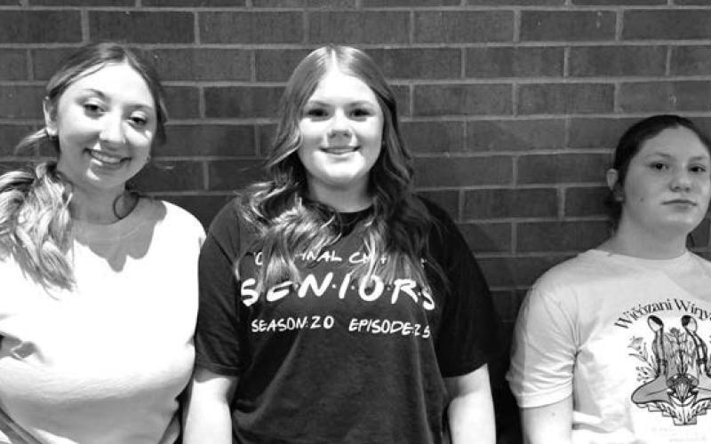 The One Act School Play ‘Fast Food’ performed by Dupree High School, and directed by Patty Peacock, competed at their regional tournament in Pierre on Wednesday, Jan. 22. While Dupree did not qualify for the state competition, three of their four actors were chosen for special awards. L-R: Zoey De La Rosa and Trinity Leithauser earned Superior Individual Acting medal and Gabby De La Rosa received Honorable Mention recognition. To earn a medal, an actor must be nominated by at least two of the three judges j