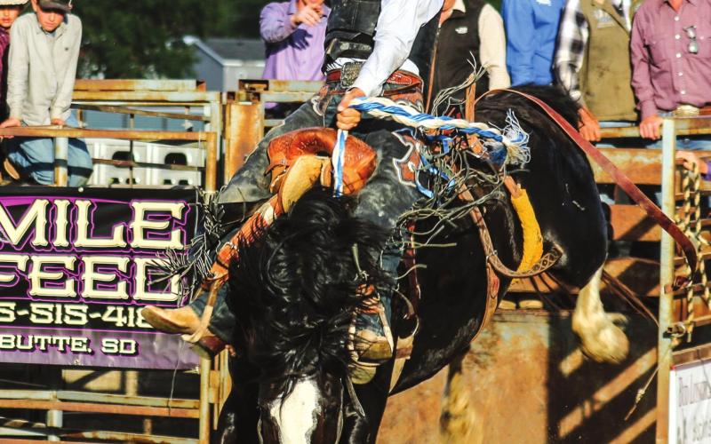 Wyatt Schuelke, Faith, rides one down at the match bronc ride in Dupree last Friday. Photo by Jon Flatland
