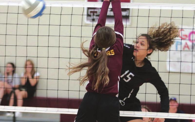File photo by Jon Flatland Panther hitter Jasmine Nash powers a spike past a McIntosh defender in recent varsity volleyball action.