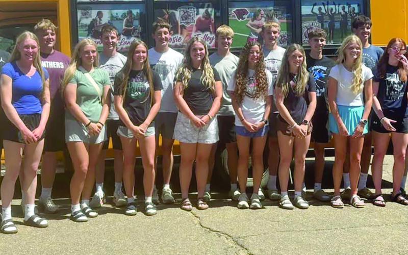 TLHS TRACK TEAM AT STATE. Front (l-r): Bricelyn Pederson, Talley Locken, Maddy Hermes, Josie Boldt, Kate Biegler, Arianna Bieber, Korbi Heck, Hailey Roggow, Sara Keller; Back: Broc Bauer, Mason Bickel, Hudson Gill, Landen Bieber, Owen Schweitzer, Braxton Farlee, Braden Lawrence, Jackson Bigger, Holden Gill, Blaise Lei.
