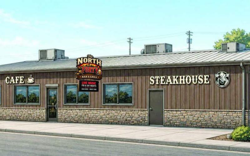 An artist’s rendering of the future exterior of the North 40 Bar &amp;amp; Grill, formerly the Branding Iron and Sparky’s, on Main Street of Isabel. The business, closed since the end of 2025, was purchased by Todd and Marisa Lindskov and Bryce and Tennile Lindskov.