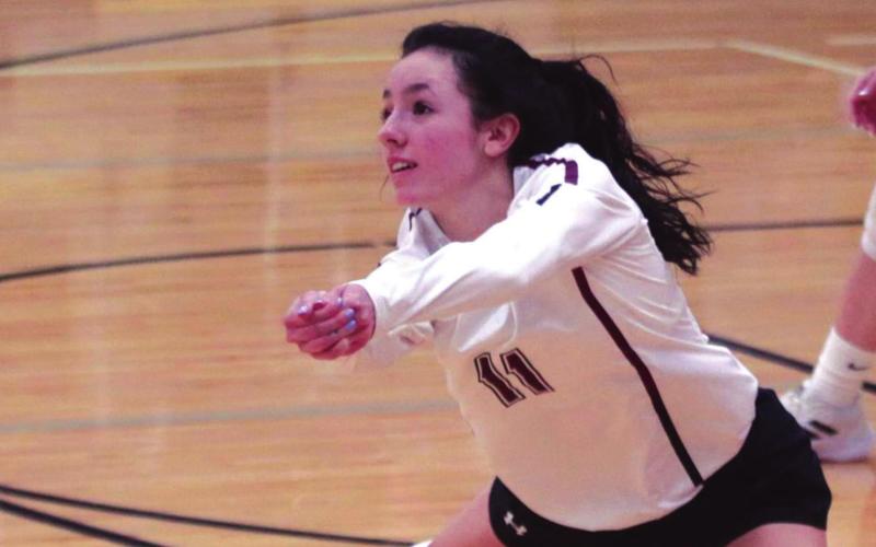LEFT: Timber Lake senior Rachel Toviah lunges to make a play on a serve from Faulkton Area during their SoDak 16 round game.