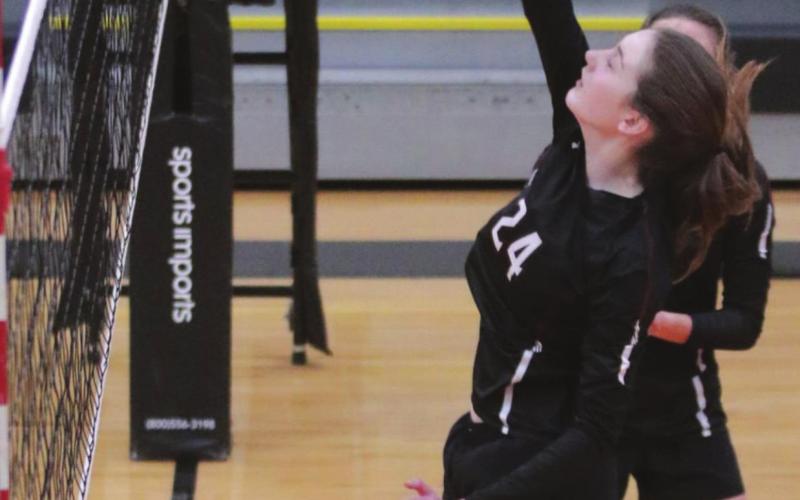 BELOW: Sara Holzer smacks one over the net during the Round of 16 match versus Faulkton Area. Photos by Jon Flatland
