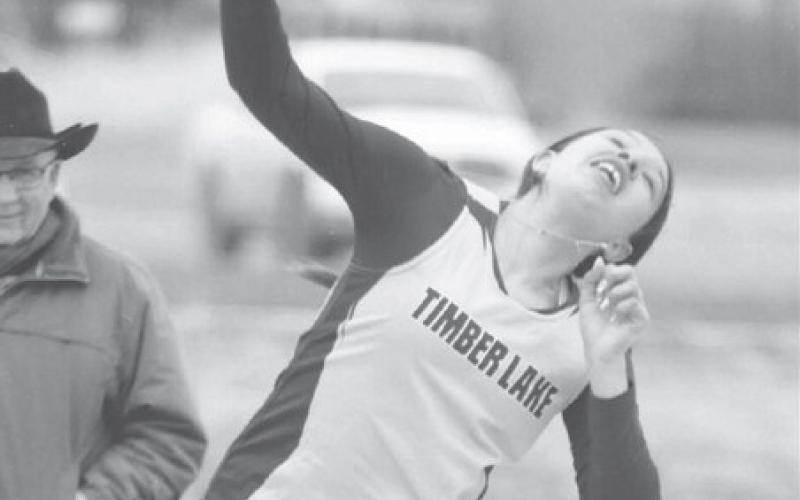 Sophomore Kessa Bigger puts everything she’s got into this effort while competing in shot put at the Timber Lake Track Invitational last week. Bigger finished second in the event with a mark of 30 feet-5.75 inches. Photo by Jon Flatland