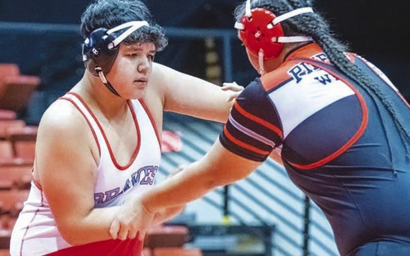 Cheyenne-Eagle Butte/Dupree 285-pounder Natan Blue Coat (left) claimed third place at the Lemmon-McIntosh Round Robin Tournament last Tuesday, Jan. 24, in Lemmon. Topic File Photo