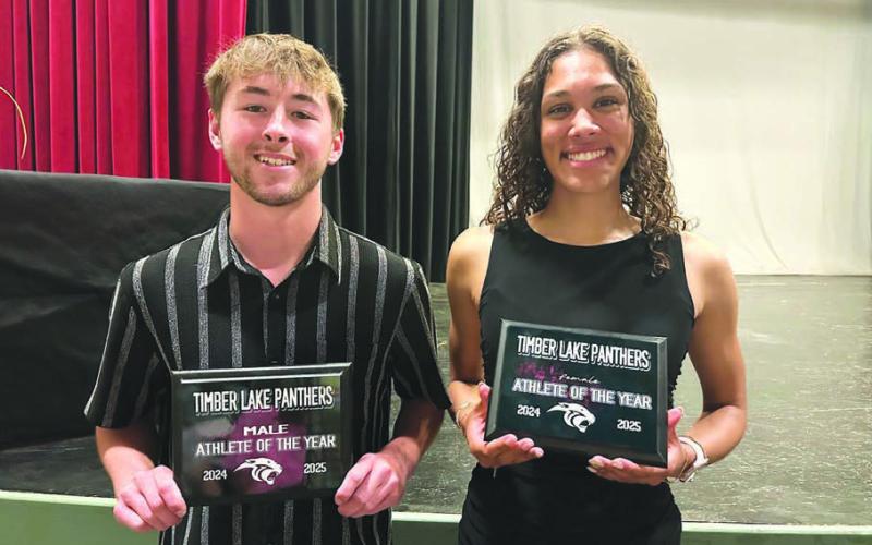At Timber Lake High School’s Athletic Awards Night on May 12, seniors Cole Ducheneaux (left) and Jasmine Nash were awarded Athlete of the Year for 2024-25. (Watch for more athletic awards in next week’s Topic.)