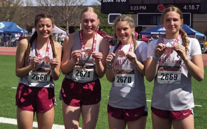 Establishing a new Timber Lake High School record in the 1600 meter relay at the Howard Wood Dakota Relays was the team of Arianna Bieber, Talley Locken, Korbi Heck, and Josie Boldt. They clocked in at 4:16.40.