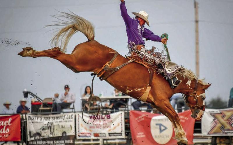 Shorty Garrett of Dupree shows the form that has him sitting at No. 13 in the PRCA’s world saddle bronc rankings. Garrett has qualified for the National Finals Rodeo once in his career and is currently on pace to make it back this year. Photo courtesy of Chuck Miner