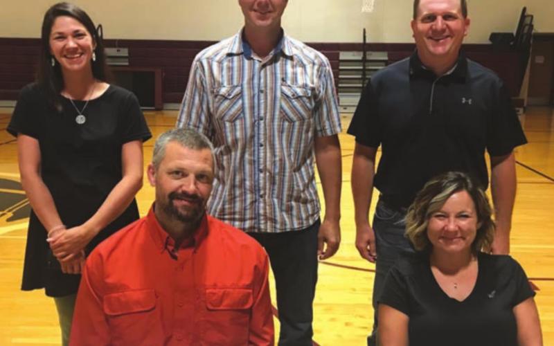 The Timber Lake School Board reorganized for the 2020-2021 year at their July 15 meeting. Members are FRONT (L-R) Jake Kraft (vicepresident) and Marie Gross (president); BACK: Rae O'Leary (legislative liaison), new board member Tyrone Kraft, and Bryce Lindskov (Northwest Area Schools representative). Photo by Jon Flatland