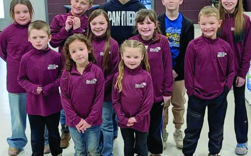Competing at the SDWCA championships were several members of the TL Youth Wrestling Club. Pictured are Back row left to right: Cassidy Winterberg, Zachary Petersen, Keaton Jones, TK Paxton, Raelyn Quaschnick; Middle row: Trevor Aberle, Zoey Spiel, Clara Nilson, Cash Jones; Front row: Addisyn Curley, Jessa Aberle. Not pictured: Remi Aberle