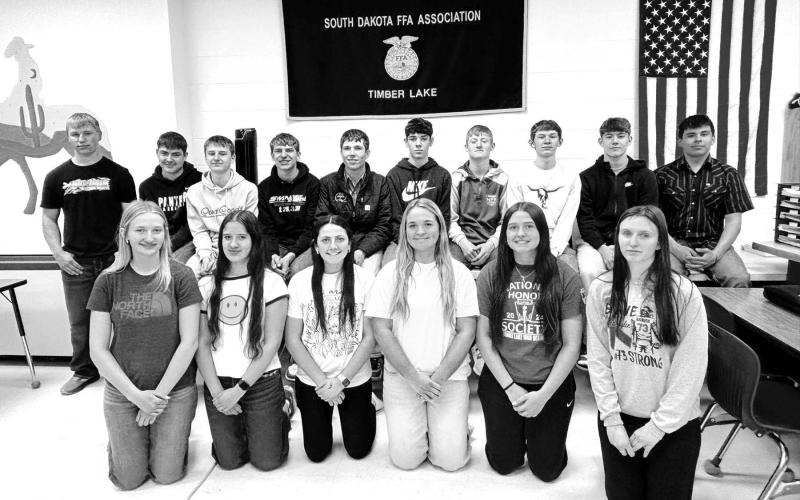 RIGHT: Timber Lake FFA students who competed in the state convention were Front (l-r): Paislee Keller, Mila Mowrer, Ruby Maher, Kate Biegler, Jaylee Schoelerman, Chloe Allen; Back: Devon Keller, Kanton Hunt, Kruz Lindskov, Preston Maciejewski, Cullen Biegler, Pete Maher, Taggen Paxton, Gavin White, Rance Gross, Chris Peterson-Lemmon. NOT PICTURED: Treyden Beer, TJ Alley, and Anna Kraft.