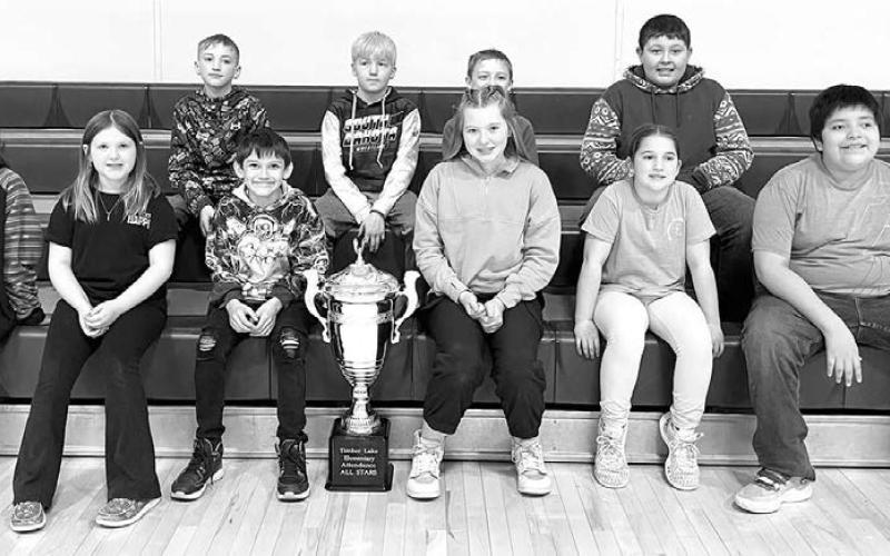 Mrs. Gill’s fourth grade class with 93.85% attendance. FRONT (L-R): Lenaya Tiger, Piper Hansen, Colton Ridl, Elyse Parker, Baicyn Lei, DeVante Veo; BACK (L-R): Ike Bierman, Shayde Curley, Ben Mareska, and Ridge Means Takes The Knife.