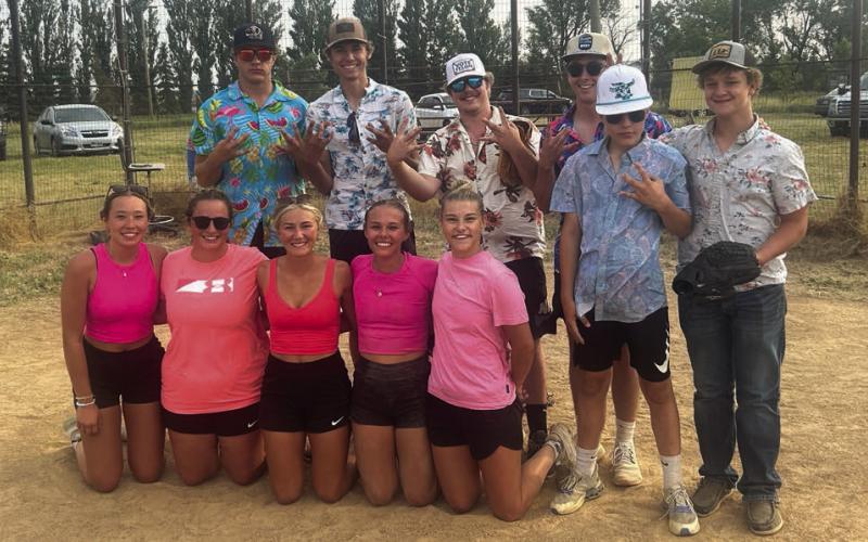 Cole Ducheneaux’s team won the co-ed softball tournament on Friday. The “Glove Affairs” took first place out of eight teams with the winning number of runs throughout the day. Front: Raelyn Aberle, Kaitlyn Anderson, Reagan Weisbeck, Serenity Bernes, Jenica Bernes; Back: Lane Cotton, Wayde Grage, Collin Tisdall, Cole Ducheneaux, Racer Bernes, Chandler Winterberg.