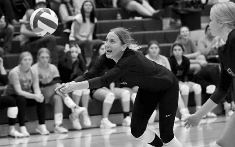 Timber Lake’s Miley Murray reaches for a shot during Lady Panther volleyball action last week. Timber Lake travels to Tiospaye Topa on Tuesday, Oct. 14, and hosts Sully Buttes on Thursday, Oct. 16. Photo by Marie Du Preez