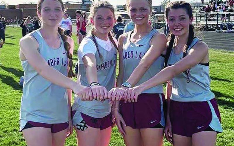 Setting a new Timber Lake High School record in the 400 meter relay with a time of 52.88 were (l-r) Josie Boldt, Korbi Heck, Hailey Roggow and Arianna Bieber. Topic Photo/Marie DuPreez