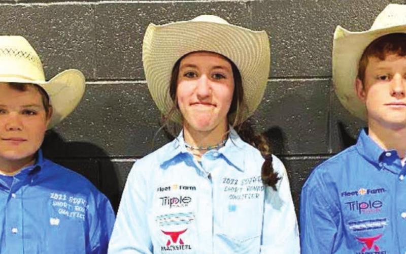 Dupree School has three JH students headed to the National Jr High School Rodeo Finals that will be held in Perry, Georgia this year. (L-R): Tanner Thorstenson qualified in team roping with Hayes Burress of Isabel, Minda Woodward in breakaway, and Fletcher Birkeland in bareback riding.