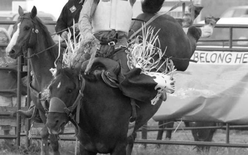 Ethan Johnson of Hoven was among the regional talent taking part in a high school showcase of bareback and saddle bronc riders to open the 2025 Dupree Pioneer Days Rodeo on Saturday, June 28. Photo by Jon Flatland