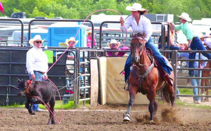 Acacia Anderberg of Mobridge ropes a critter during the girls senior ribbon roping event at the 2023 South Dakota 4-H Finals Rodeo in Ft. Pierre Aug. 18-20. Anderberg earned seventh place with two runs totaling 31.630 seconds. Photo by Jon Flatland