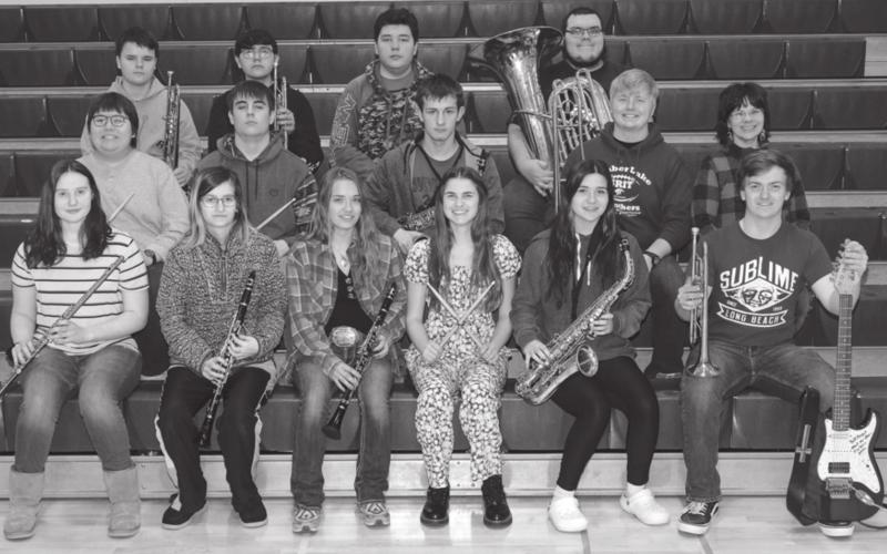 Band FRONT (L-R): Brenna Atchley, Kendal Lemburg, Cassie Harris, Meredith Maciejewski, Abby Linderman, Caleb Quinn; MIDDLE: Aiden Swift Hawk, Wylee Keller, Landon Lemburg, Shawn Quinn, Director Julie Barnica; BACK: Tucker Winterberg, Devon Swift Hawk, Michael Rousseau, Seth Barnica.