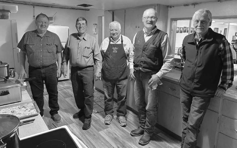The third Knights of Columbus Fish Fry of the Lenten season was held Friday, April 4 at Holy Rosary Catholic Church in Trail City with this crew in charge of frying fish and serving it along with French fries, cole slaw, beverages and buns. L-R are Merle Leibel, Jim Keller, Jim Hulm, Bill Hahne and Neil Hahne. The final KC fish fry of the season will be held Friday, April 11 at Timber Lake. Photo by Kathy Nelson