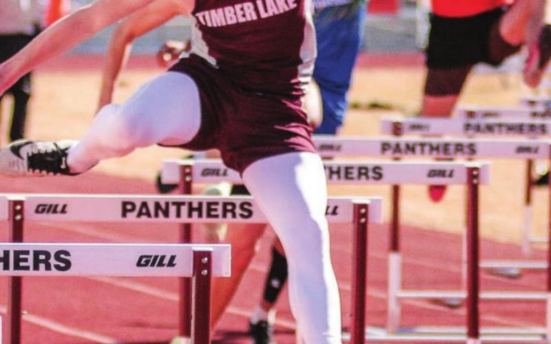 Timber Lake hurdler Gracen Hansen runs in the 300 hurdles. Photo by Jon Flatland