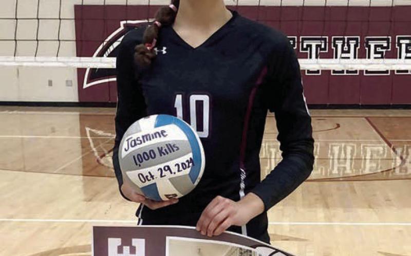 Senior Jasmine Nash was recognized during Timber Lake’s win over Wall lat week for surpassing the 1,000 career kills plateau. Courtesy photo